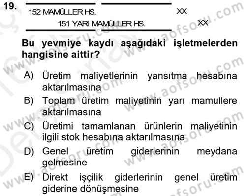 Maliyet Analizleri Dersi 2015 - 2016 Yılı Tek Ders Sınav Soruları 19. Soru
