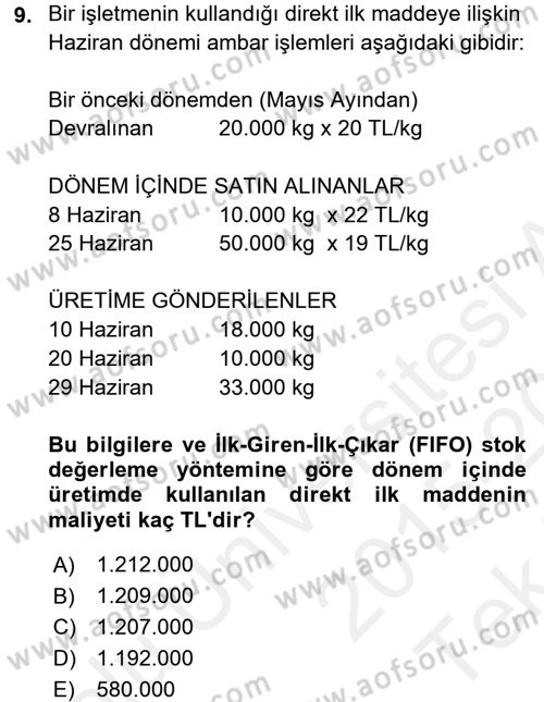 Maliyet Analizleri Dersi 2015 - 2016 Yılı Tek Ders Sınav Soruları 9. Soru