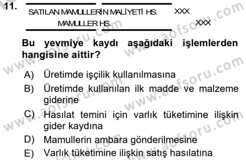 Maliyet Analizleri Dersi 2016 - 2017 Yılı 3 Ders Sınav Soruları 11. Soru