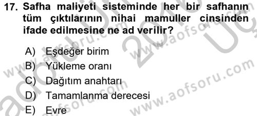 Maliyet Analizleri Dersi 2016 - 2017 Yılı 3 Ders Sınav Soruları 17. Soru