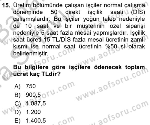 Maliyet Analizleri Dersi 2016 - 2017 Yılı (Vize) Ara Sınavı 15. Soru