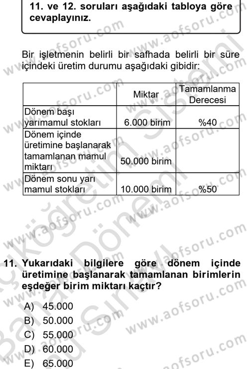 Maliyet Analizleri Dersi 2016 - 2017 Yılı (Final) Dönem Sonu Sınavı 11. Soru