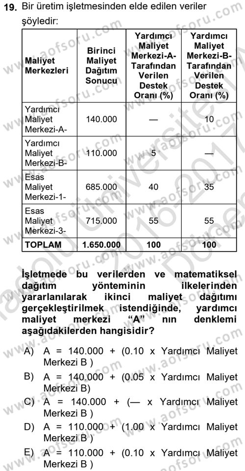 Maliyet Analizleri Dersi 2016 - 2017 Yılı (Final) Dönem Sonu Sınav Soruları 19. Soru