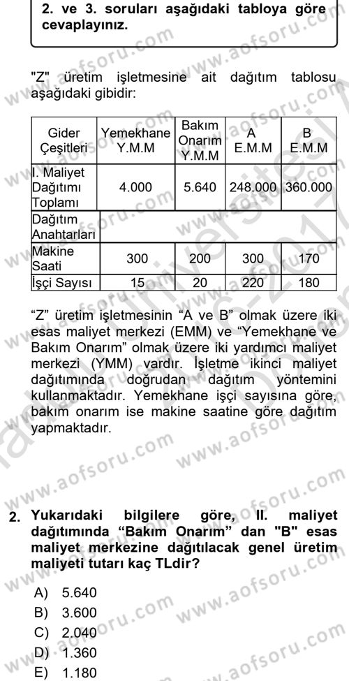 Maliyet Analizleri Dersi 2016 - 2017 Yılı (Final) Dönem Sonu Sınav Soruları 2. Soru