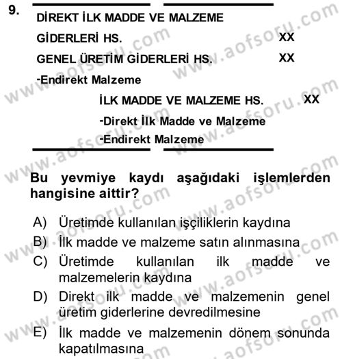Maliyet Analizleri Dersi 2017 - 2018 Yılı 3 Ders Sınav Soruları 9. Soru