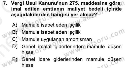 Maliyet Analizleri Dersi 2017 - 2018 Yılı (Vize) Ara Sınavı 7. Soru