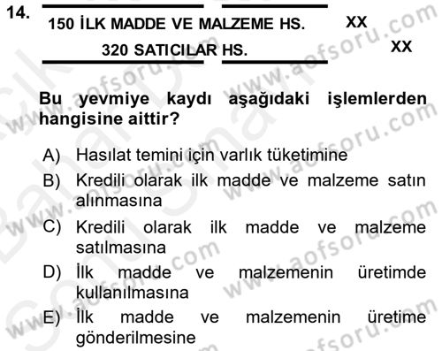 Maliyet Analizleri Dersi 2017 - 2018 Yılı (Final) Dönem Sonu Sınavı 14. Soru