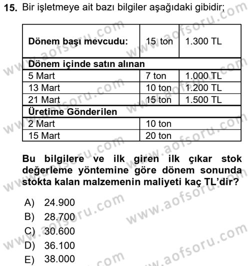 Maliyet Analizleri Dersi 2021 - 2022 Yılı (Vize) Ara Sınavı 15. Soru