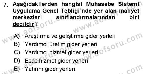 Maliyet Analizleri Dersi 2021 - 2022 Yılı (Vize) Ara Sınavı 7. Soru