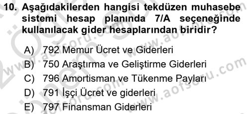 Maliyet Analizleri Dersi 2021 - 2022 Yılı (Final) Dönem Sonu Sınav Soruları 10. Soru