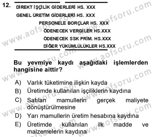 Maliyet Analizleri Dersi 2021 - 2022 Yılı (Final) Dönem Sonu Sınav Soruları 12. Soru