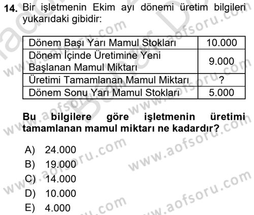 Maliyet Analizleri Dersi 2021 - 2022 Yılı (Final) Dönem Sonu Sınav Soruları 14. Soru