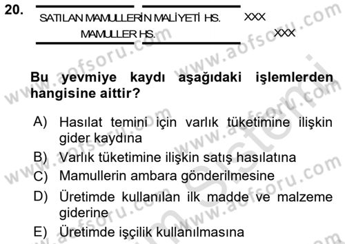 Maliyet Analizleri Dersi 2021 - 2022 Yılı (Final) Dönem Sonu Sınav Soruları 20. Soru