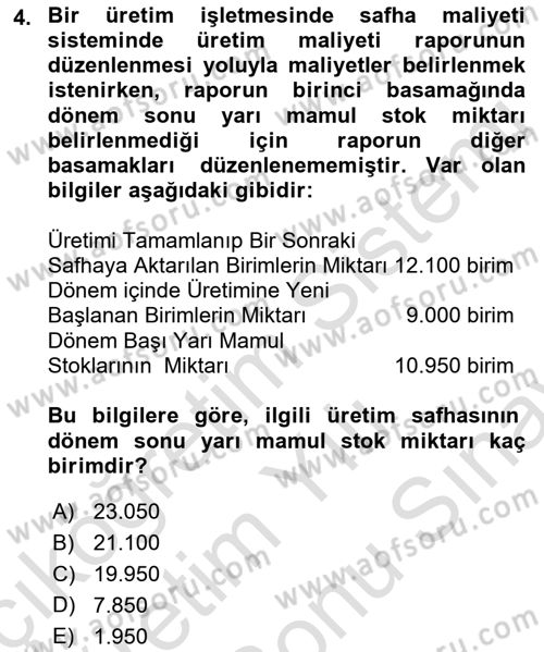 Maliyet Analizleri Dersi 2021 - 2022 Yılı (Final) Dönem Sonu Sınav Soruları 4. Soru