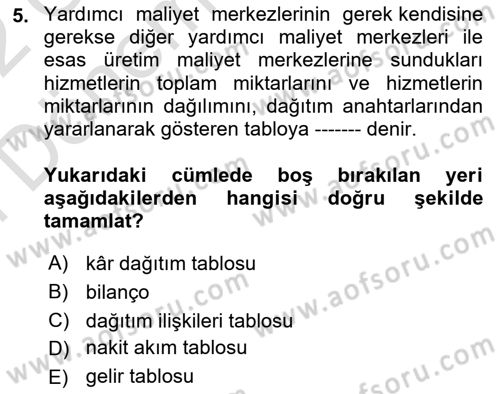 Maliyet Analizleri Dersi 2021 - 2022 Yılı (Final) Dönem Sonu Sınav Soruları 5. Soru