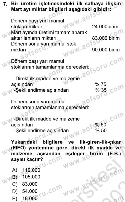 Maliyet Analizleri Dersi 2021 - 2022 Yılı (Final) Dönem Sonu Sınav Soruları 7. Soru