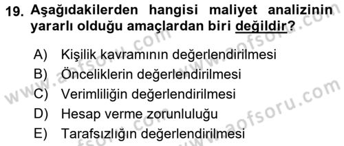 Maliyet Analizleri Dersi 2021 - 2022 Yılı Yaz Okulu Sınav Soruları 19. Soru