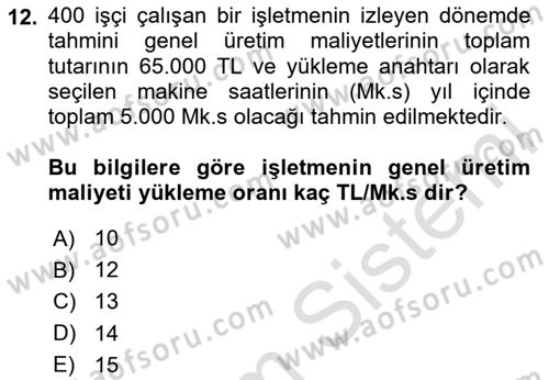 Maliyet Analizleri Dersi 2024 - 2025 Yılı (Final) Dönem Sonu Sınav Soruları 12. Soru