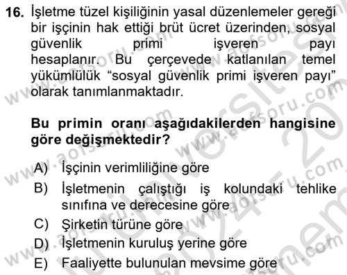 Maliyet Analizleri Dersi 2024 - 2025 Yılı (Final) Dönem Sonu Sınav Soruları 16. Soru