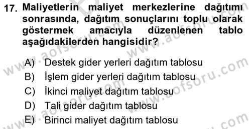 Maliyet Analizleri Dersi 2024 - 2025 Yılı (Final) Dönem Sonu Sınav Soruları 17. Soru