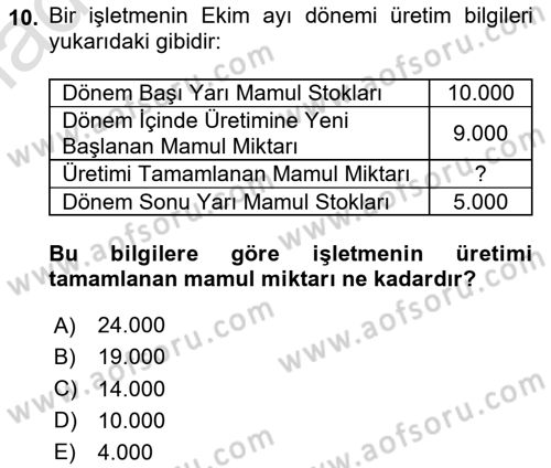 Maliyet Analizleri Dersi 2024 - 2025 Yılı Yaz Okulu Sınav Soruları 10. Soru