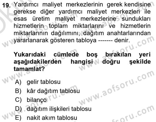 Maliyet Analizleri Dersi 2024 - 2025 Yılı Yaz Okulu Sınav Soruları 19. Soru