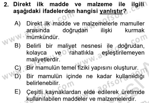 Maliyet Analizleri Dersi 2024 - 2025 Yılı Yaz Okulu Sınav Soruları 2. Soru