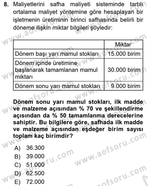 Maliyet Analizleri Dersi 2024 - 2025 Yılı Yaz Okulu Sınav Soruları 8. Soru