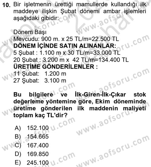 Maliyet Analizleri Dersi 2025 - 2026 Yılı (Vize) Ara Sınav Soruları 10. Soru