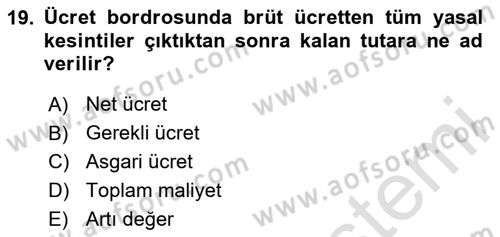 Maliyet Analizleri Dersi 2025 - 2026 Yılı (Vize) Ara Sınav Soruları 19. Soru