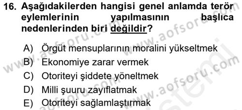 Özel Güvenlik Hizmetlerinde Güvenlik Önlemleri Dersi 2015 - 2016 Yılı (Vize) Ara Sınav Soruları 16. Soru