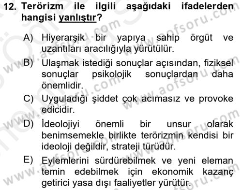 Özel Güvenlik Hizmetlerinde Güvenlik Önlemleri Dersi 2017 - 2018 Yılı (Vize) Ara Sınav Soruları 12. Soru