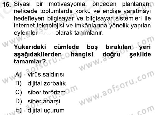 Özel Güvenlik Hizmetlerinde Güvenlik Önlemleri Dersi 2017 - 2018 Yılı (Vize) Ara Sınav Soruları 16. Soru