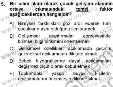 Erken Çocukluk Döneminde Gelişim 1 Dersi Ara Sınavı Deneme Sınav Soruları 5. Soru