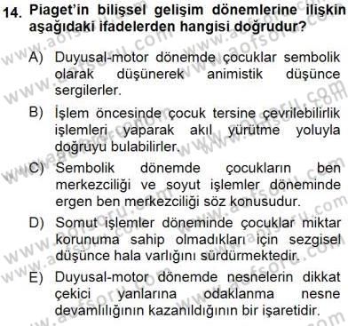 Erken Çocukluk Döneminde Gelişim 1 Dersi Ara Sınavı Deneme Sınav Soruları 14. Soru