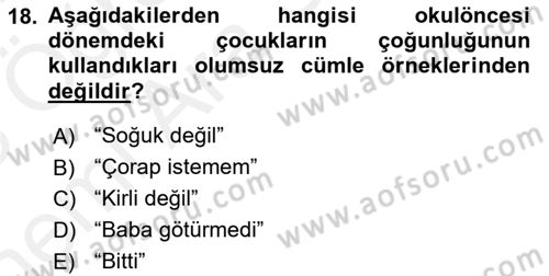 Erken Çocukluk Döneminde Gelişim 2 Dersi 2017 - 2018 Yılı (Vize) Ara Sınav Soruları 18. Soru