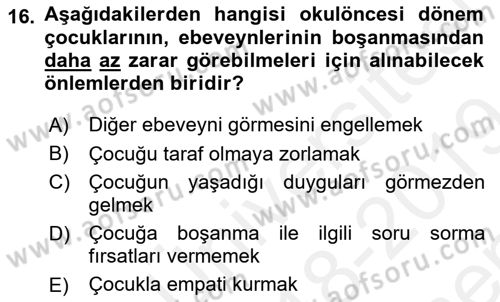 Erken Çocukluk Döneminde Gelişim 2 Dersi 2018 - 2019 Yılı (Final) Dönem Sonu Sınav Soruları 16. Soru
