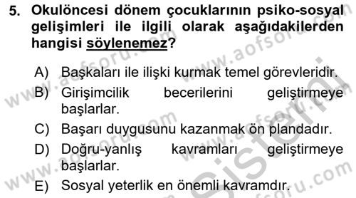 Erken Çocukluk Döneminde Gelişim 2 Dersi 2018 - 2019 Yılı Yaz Okulu Sınav Soruları 5. Soru