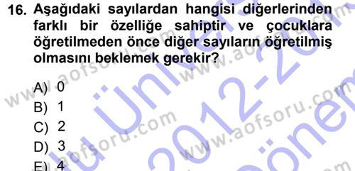 Okulöncesinde Matematik Eğitimi Dersi 2012 - 2013 Yılı (Final) Dönem Sonu Sınav Soruları 16. Soru