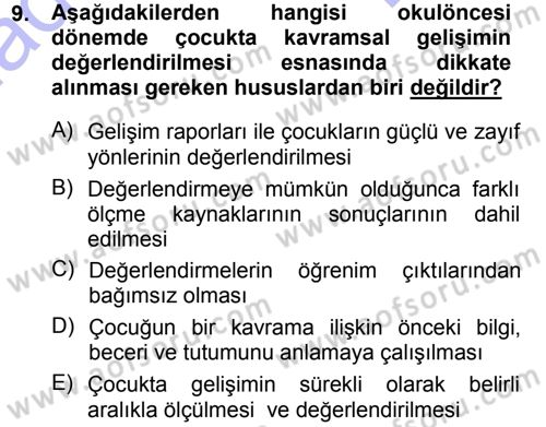 Okulöncesinde Matematik Eğitimi Dersi 2012 - 2013 Yılı (Final) Dönem Sonu Sınav Soruları 9. Soru