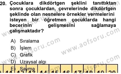 Okulöncesinde Matematik Eğitimi Dersi 2015 - 2016 Yılı (Vize) Ara Sınavı 20. Soru