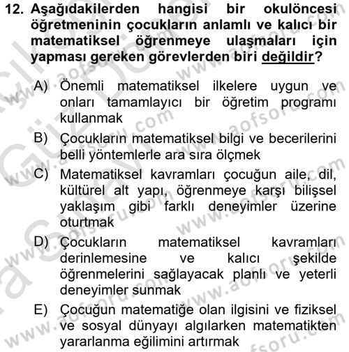 Okulöncesinde Matematik Eğitimi Dersi Ara Sınavı Deneme Sınav Soruları 12. Soru