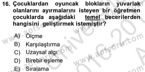 Okulöncesinde Matematik Eğitimi Dersi 2016 - 2017 Yılı (Vize) Ara Sınav Soruları 16. Soru