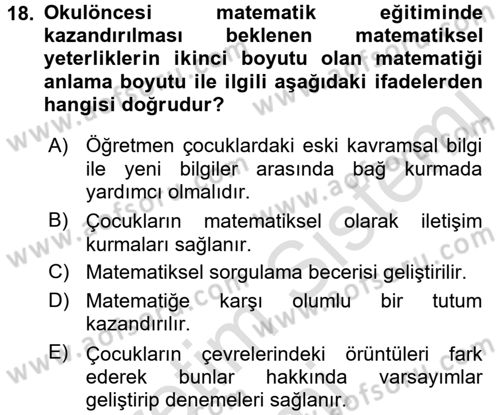 Okulöncesinde Matematik Eğitimi Dersi Ara Sınavı Deneme Sınav Soruları 18. Soru