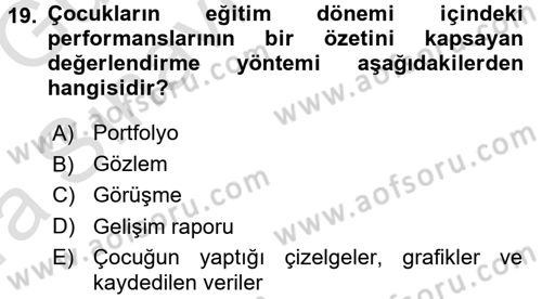 Okulöncesinde Matematik Eğitimi Dersi Ara Sınavı Deneme Sınav Soruları 19. Soru
