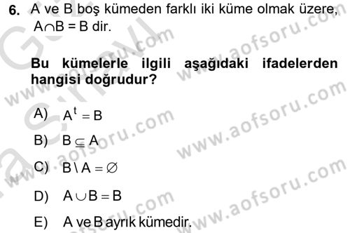 Okulöncesinde Matematik Eğitimi Dersi Ara Sınavı Deneme Sınav Soruları 6. Soru
