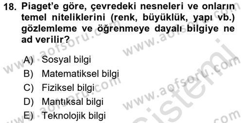 Okulöncesinde Matematik Eğitimi Dersi 2017 - 2018 Yılı (Vize) Ara Sınavı 18. Soru