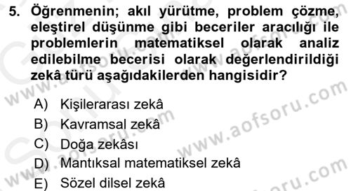 Okulöncesinde Matematik Eğitimi Dersi 2017 - 2018 Yılı (Final) Dönem Sonu Sınav Soruları 5. Soru