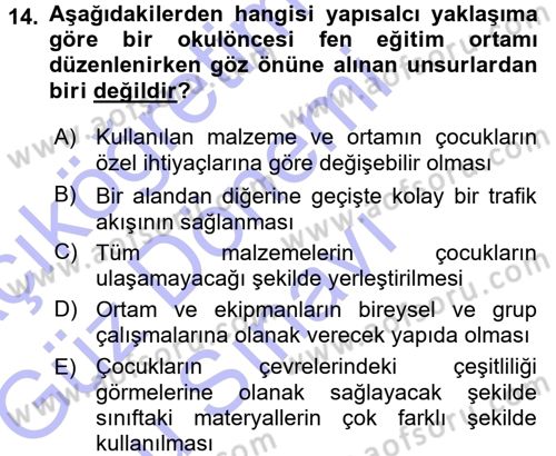 Okulöncesinde Fen Eğitimi Dersi 2015 - 2016 Yılı (Final) Dönem Sonu Sınavı 14. Soru