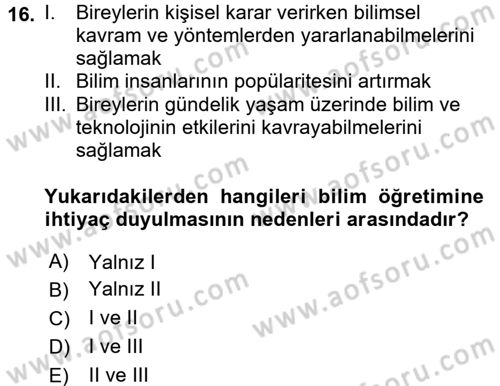 Okulöncesinde Fen Eğitimi Dersi Ara Sınavı Deneme Sınav Soruları 16. Soru